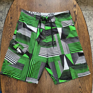 Maui and Sons Green Black White Striped Geometric Board Shorts Size Men's 30
